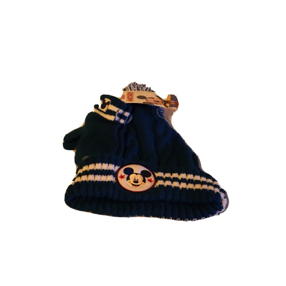 Disney Mickey Mouse Winter Blue and White Striped Beanie Hat Set Child